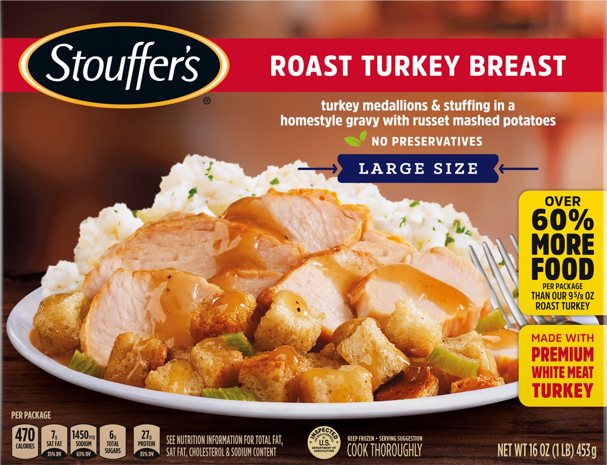 slide 8 of 13, Stouffer's Large Size Roast Turkey Breast Frozen Meal, 16 Ounce, 16 oz