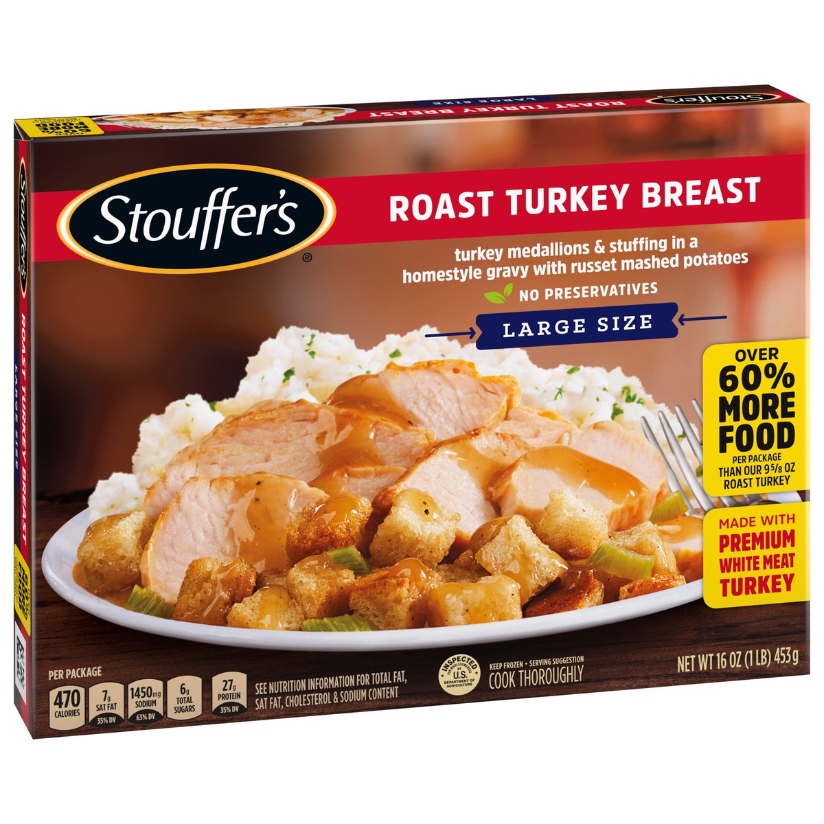 slide 2 of 13, Stouffer's Large Size Roast Turkey Breast Frozen Meal, 16 Ounce, 16 oz