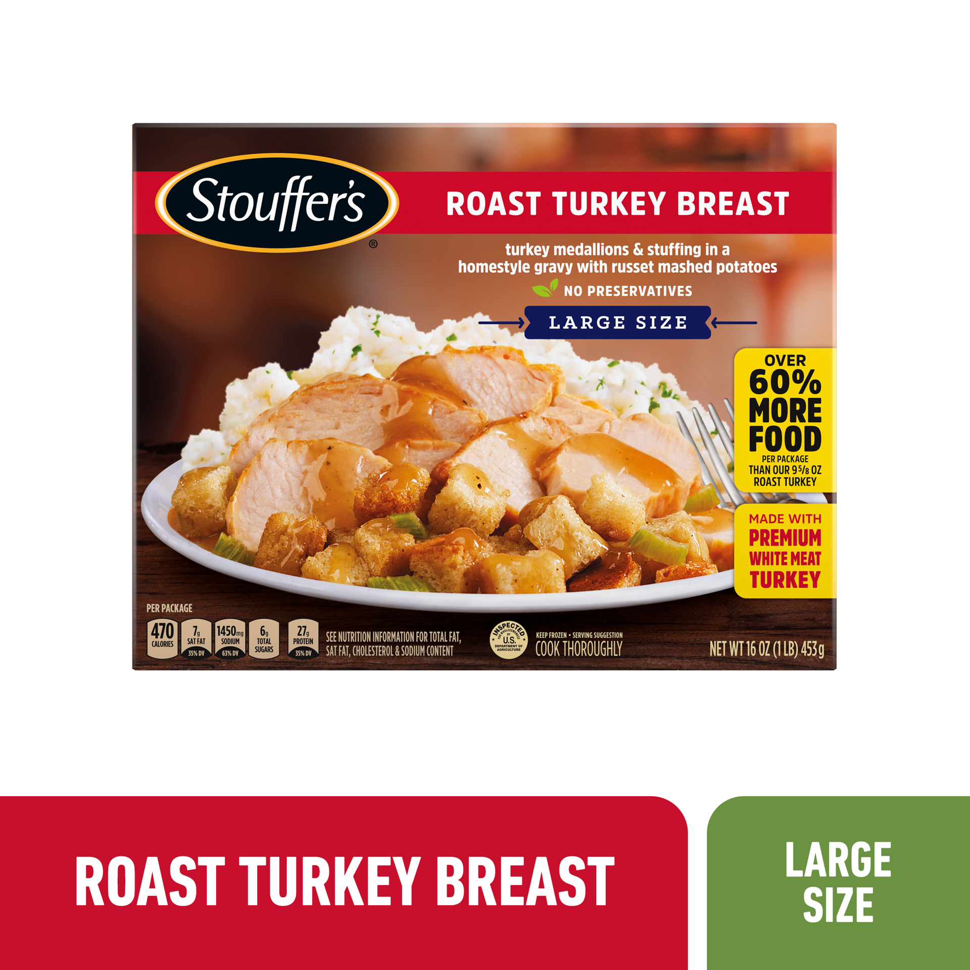 slide 1 of 13, Stouffer's Large Size Roast Turkey Breast Frozen Meal, 16 Ounce, 16 oz