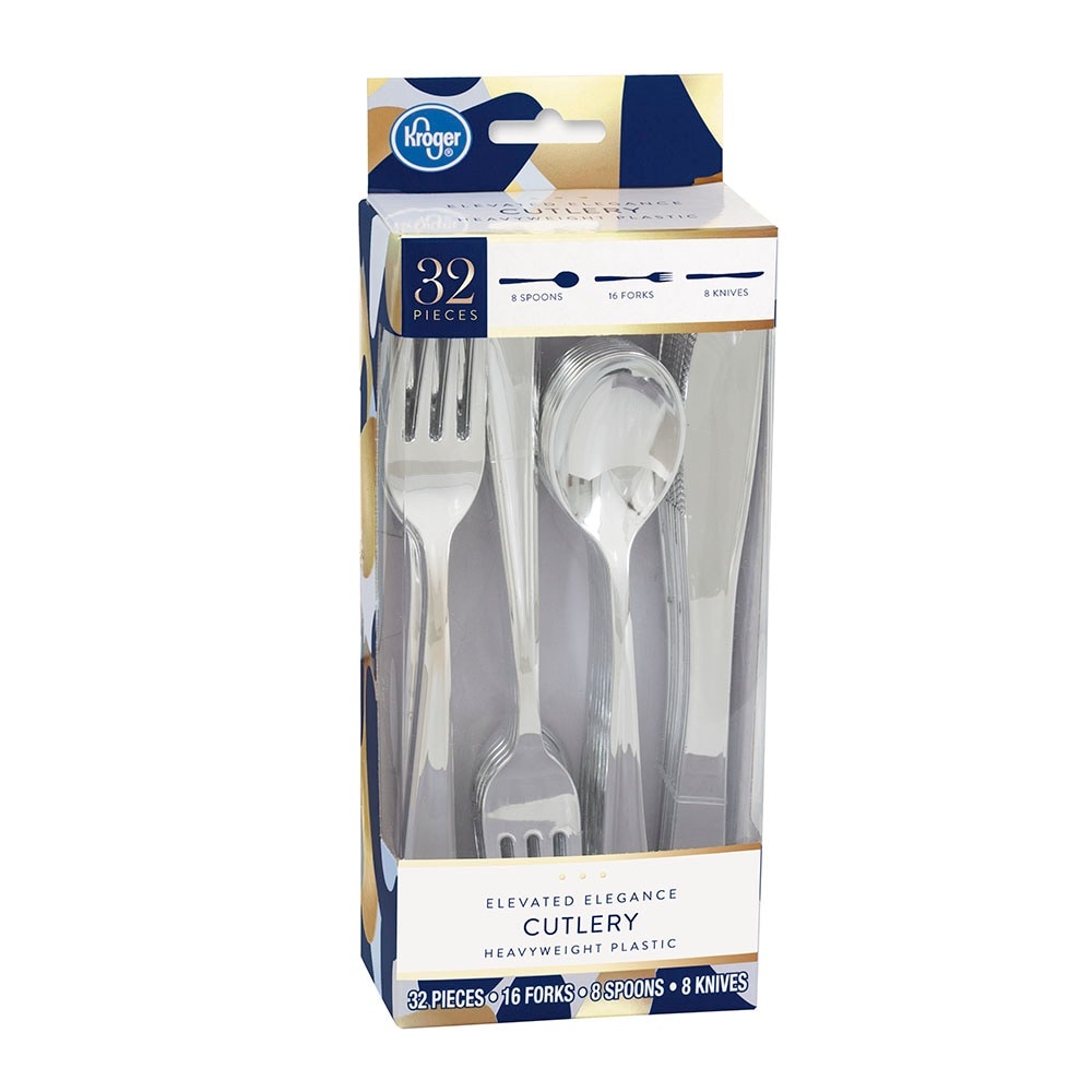 slide 1 of 3, Kroger Elevated Elegance Heavyweight Plastic Cutlery Set Silver, 32 ct