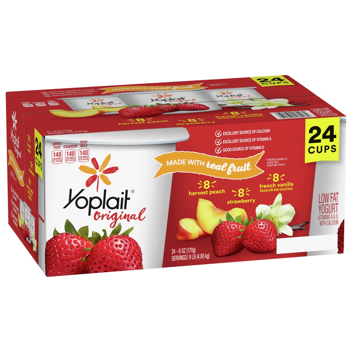 slide 8 of 8, Yoplait Original Low Fat Yogurt Variety Pack, Strawberry, Harvest Peach and French Vanilla, 24 Yogurt Cups, 9 lbs, 24 ct