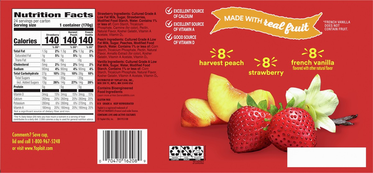 slide 6 of 8, Yoplait Original Low Fat Yogurt Variety Pack, Strawberry, Harvest Peach and French Vanilla, 24 Yogurt Cups, 9 lbs, 24 ct