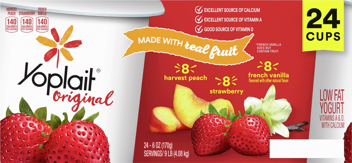 slide 3 of 8, Yoplait Original Low Fat Yogurt Variety Pack, Strawberry, Harvest Peach and French Vanilla, 24 Yogurt Cups, 9 lbs, 24 ct