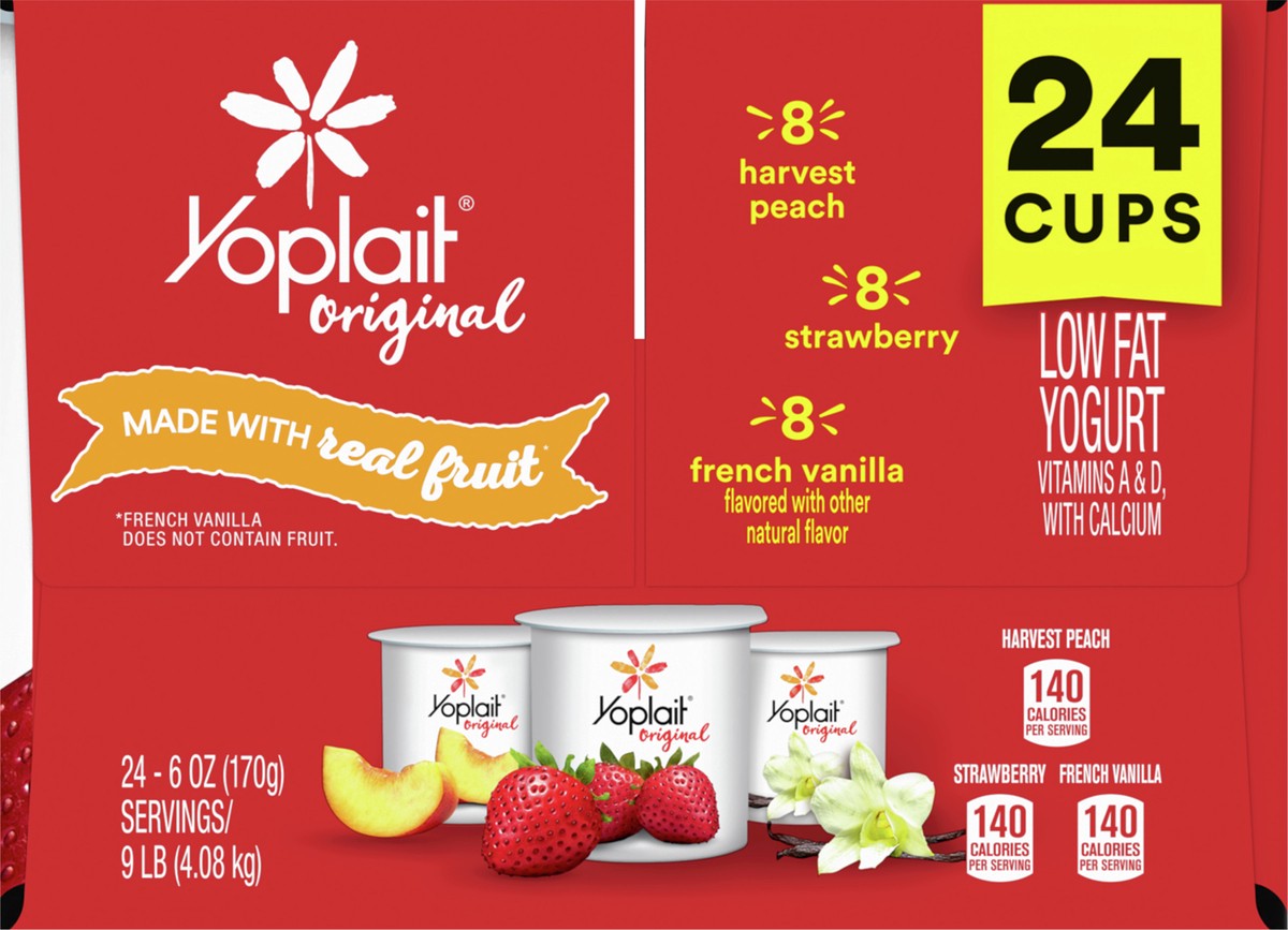 slide 4 of 8, Yoplait Original Low Fat Yogurt Variety Pack, Strawberry, Harvest Peach and French Vanilla, 24 Yogurt Cups, 9 lbs, 24 ct