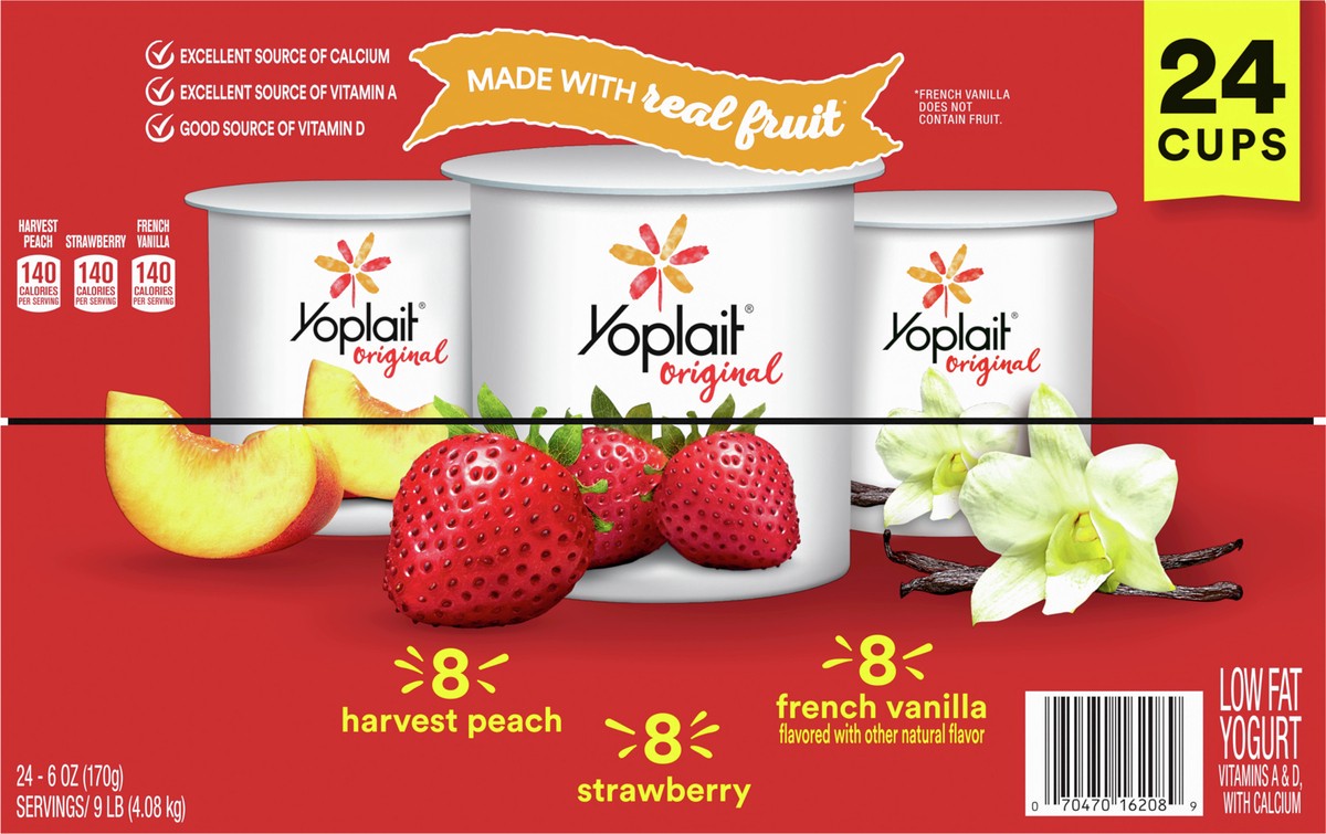 slide 2 of 8, Yoplait Original Low Fat Yogurt Variety Pack, Strawberry, Harvest Peach and French Vanilla, 24 Yogurt Cups, 9 lbs, 24 ct