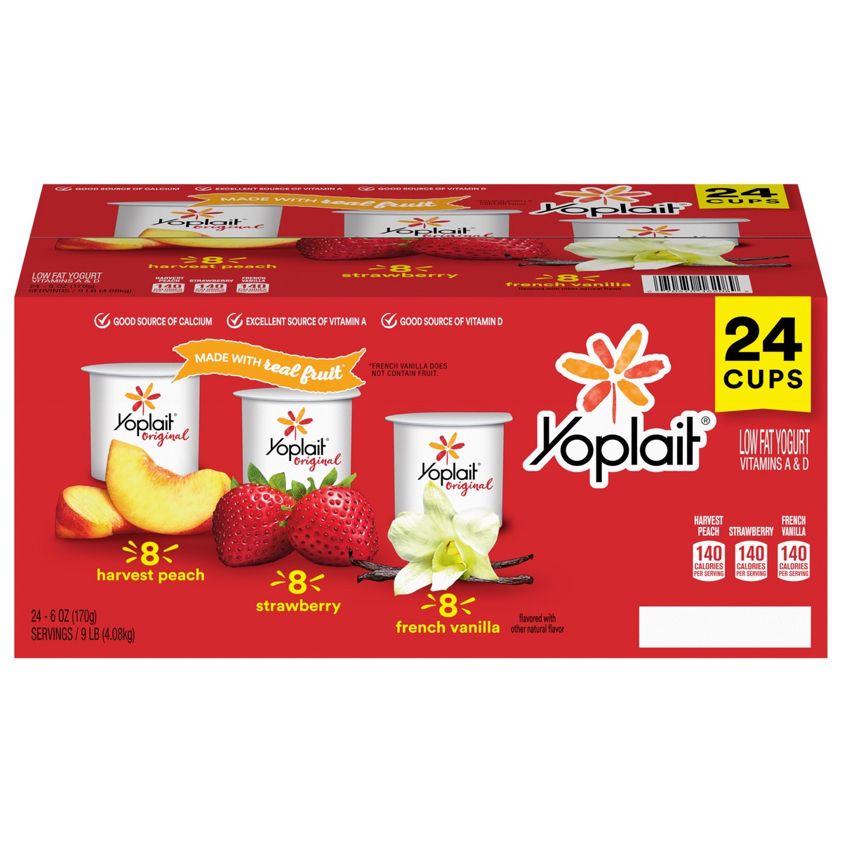 slide 1 of 8, Yoplait Original Low Fat Yogurt Variety Pack, Strawberry, Harvest Peach and French Vanilla, 24 Yogurt Cups, 9 lbs, 24 ct