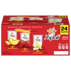 Yoplait Original Low Fat Yogurt Variety Pack, Strawberry, Harvest Peach and French Vanilla, 24 Yogurt Cups, 9 lbs