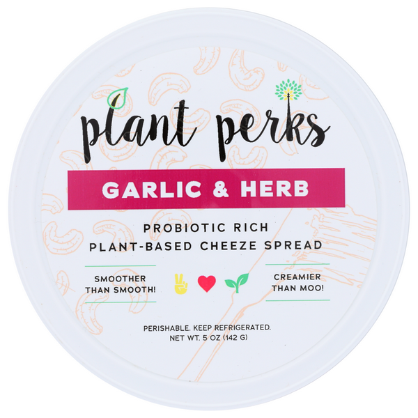 slide 1 of 1, Plant Perks Garlic & Herb Vegan Cream Cheeze, 5 oz