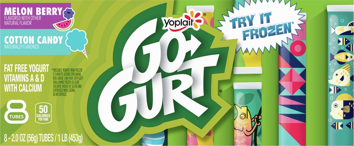 slide 6 of 9, Go-GURT Melon Berry and Cotton Candy Kids Fat Free Yogurt Variety Pack, Gluten Free, 2 oz Yogurt Tubes (8 Count), 16 oz