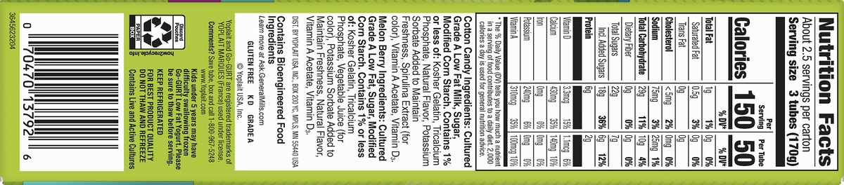 slide 6 of 10, Yoplait Go-Gurt, Portable Low Fat Yogurt Variety Pack, Cotton Candy & Melon Berry, 8 ct; 2 oz