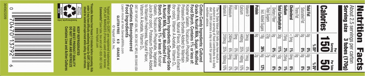 slide 2 of 9, Go-GURT Melon Berry and Cotton Candy Kids Fat Free Yogurt Variety Pack, Gluten Free, 2 oz Yogurt Tubes (8 Count), 16 oz