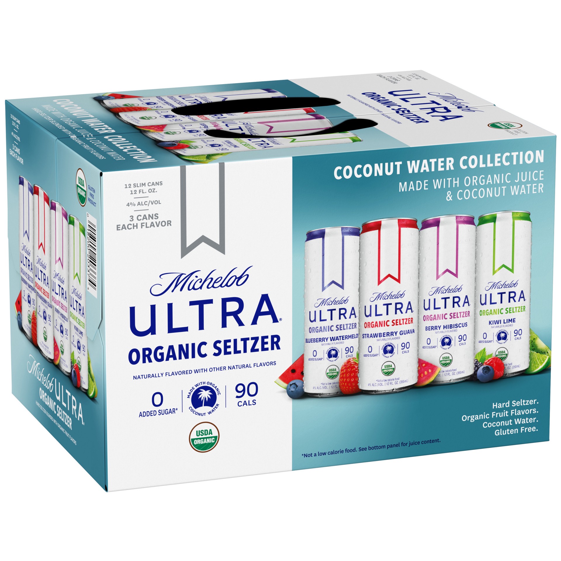 slide 1 of 14, Michelob ULTRA Organic Hard Seltzer Coconut Water, Variety Pack, 12 Pack, 12 FL OZ Slim Cans, 12 fl oz