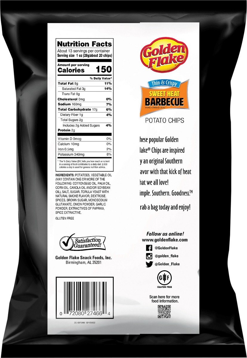 slide 2 of 7, Golden Flake 12.5 oz Golden Flake Thin & Crispy Sweet Heat Barbecue Potato Chips, 12.5 oz