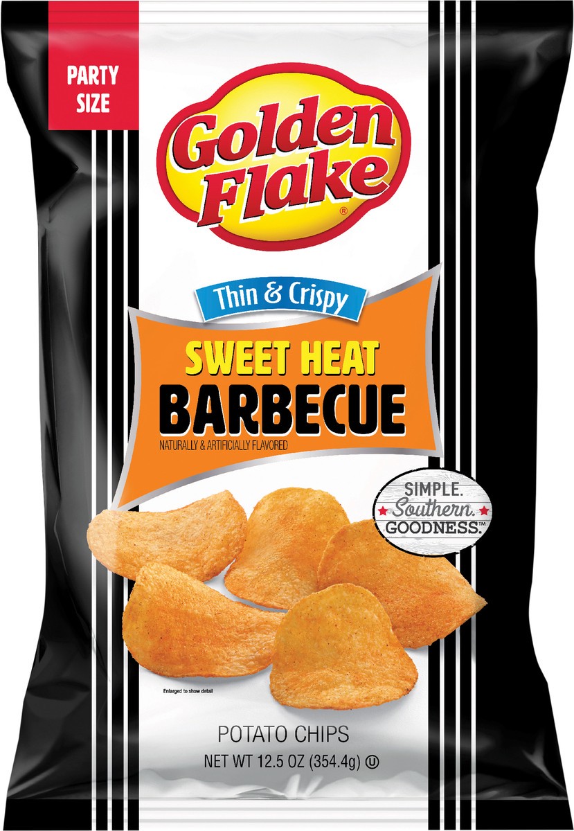 slide 3 of 7, Golden Flake 12.5 oz Golden Flake Thin & Crispy Sweet Heat Barbecue Potato Chips, 12.5 oz