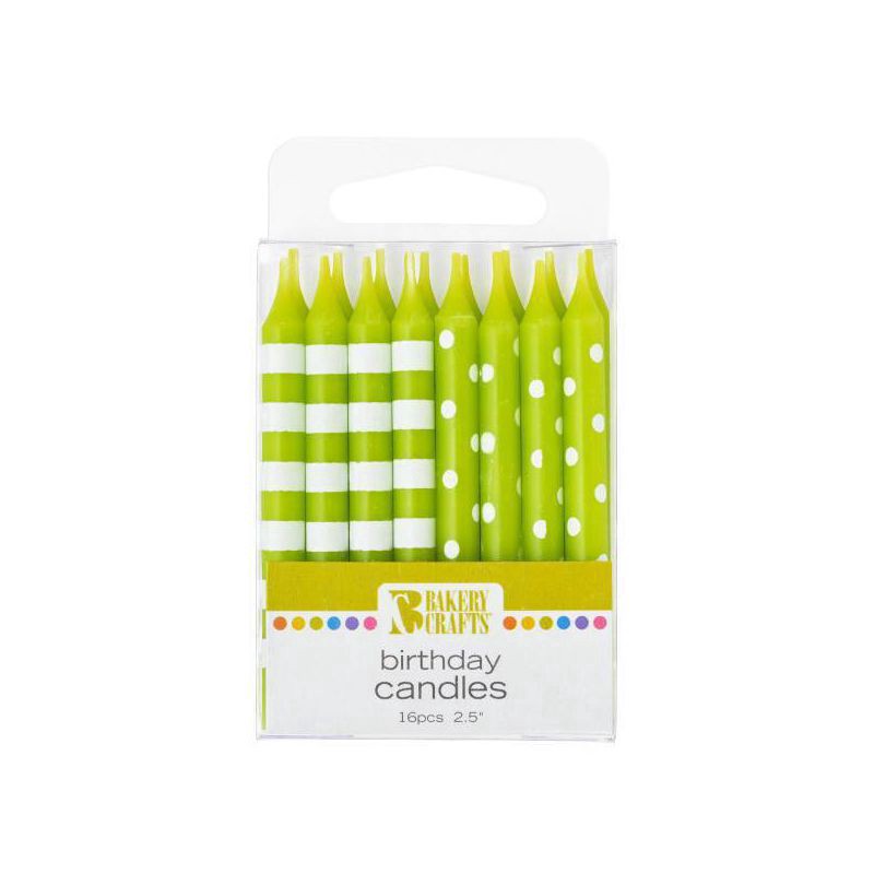 slide 1 of 3, Bakery Crafts Lime Green With Stripes & Polka Dots Birthday Candles, 16 ct