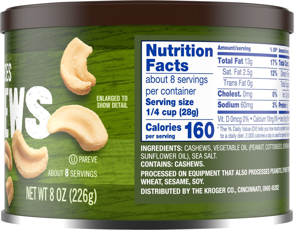 slide 2 of 3, Kroger Lightly Salted With Sea Salt Cashews Halves & Pieces, 8 oz