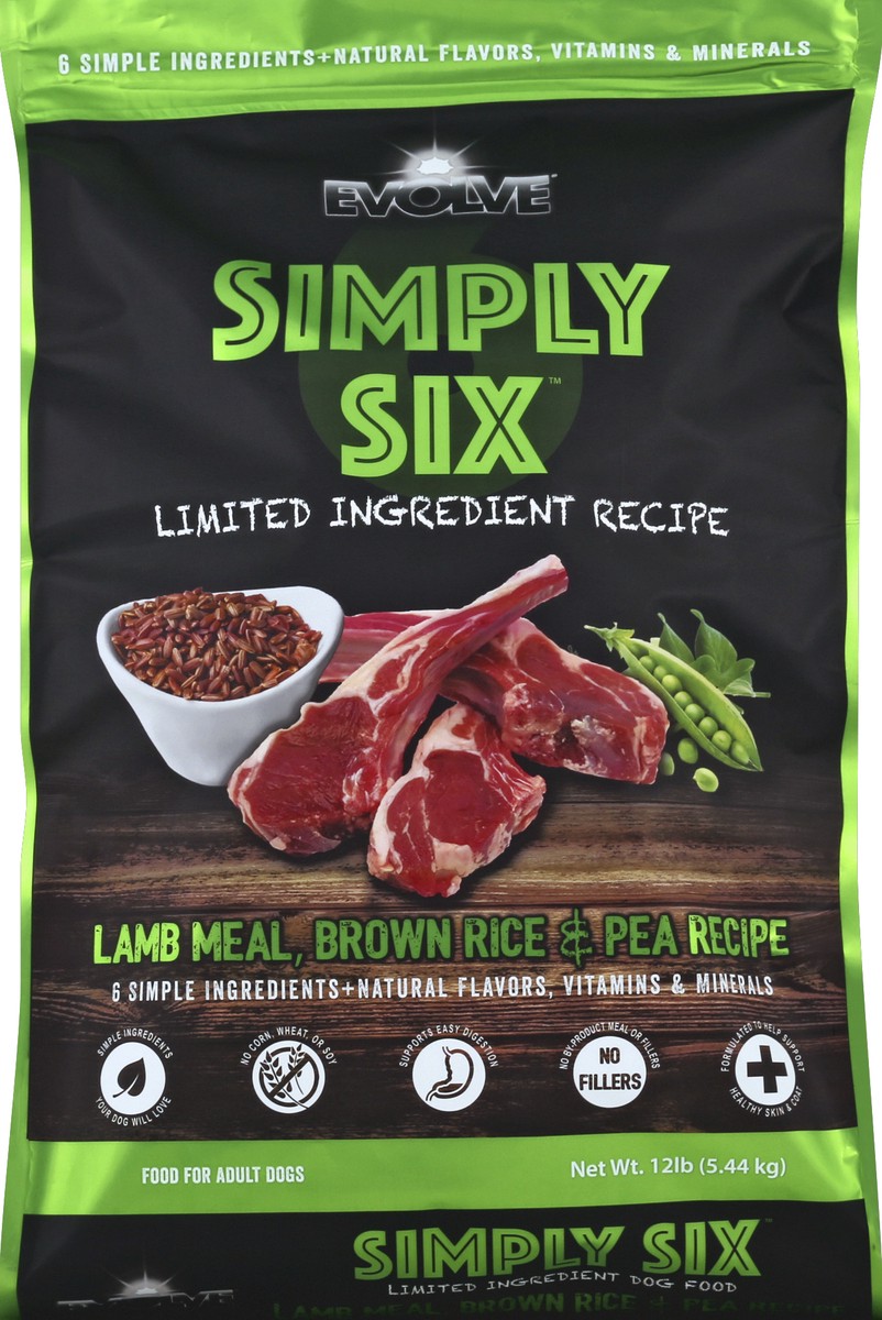 slide 4 of 6, Evolve Simply Six Lamb Meal, Brown Rice & Pea Recipe Dog Food, 12 lb