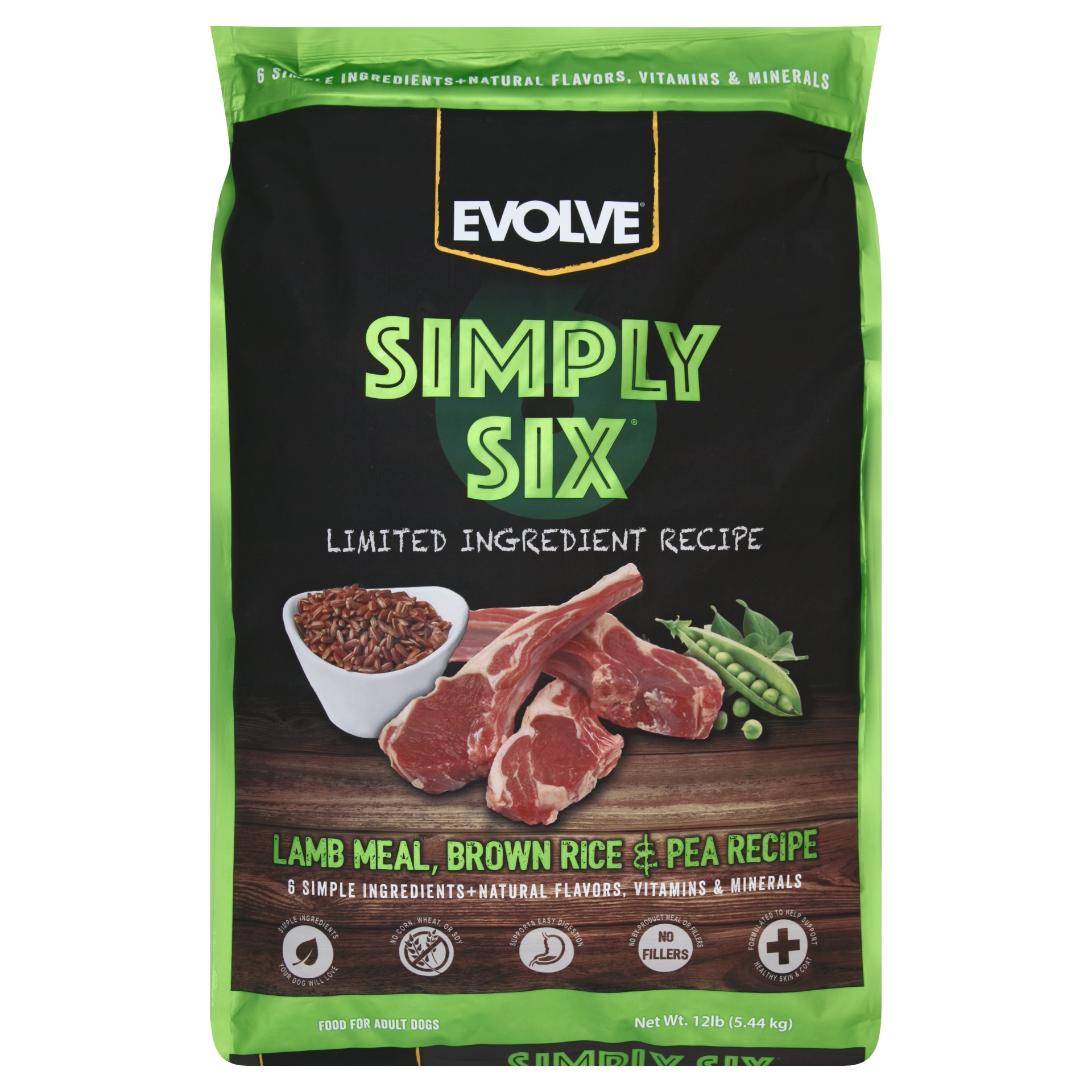 slide 1 of 6, Evolve Simply Six Lamb Meal, Brown Rice & Pea Recipe Dog Food, 12 lb