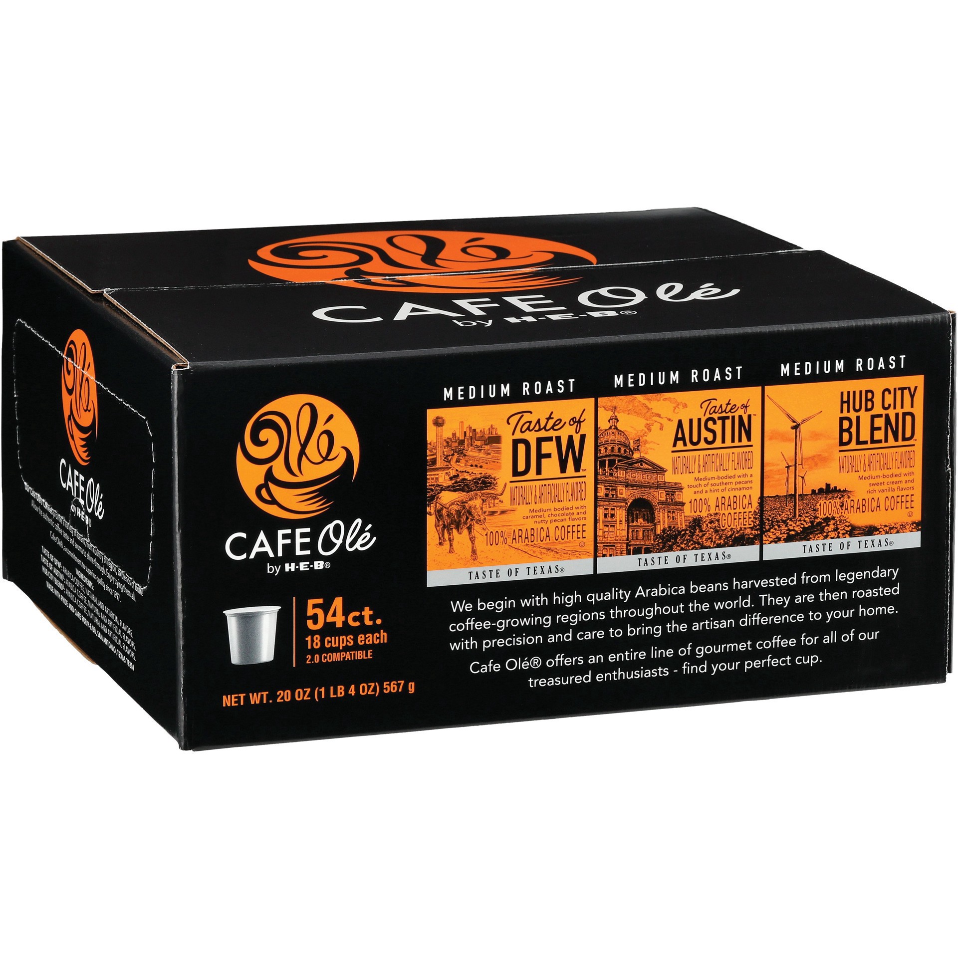 slide 1 of 1, CAFE Olé by H-E-B Taste of DFW, Austin & Hub City Blend Coffee Single Serve Cups Variety Pack - 54 ct, 54 ct