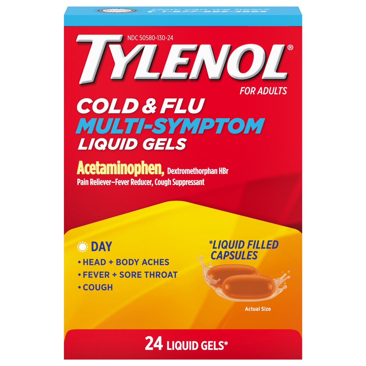 slide 1 of 6, Tylenol Multi-Symptom Cold Flu Liq Gel Day, 24 ct