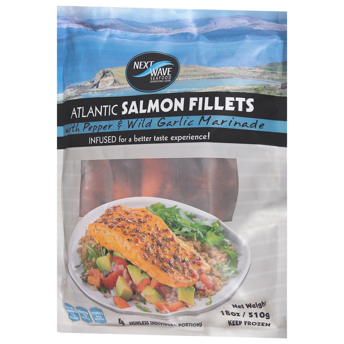 slide 10 of 13, Next Wave Seafood Atlantic Salmon Fillets with Pepper & Wild Garlic Marinade 4 Portions, 4 ct