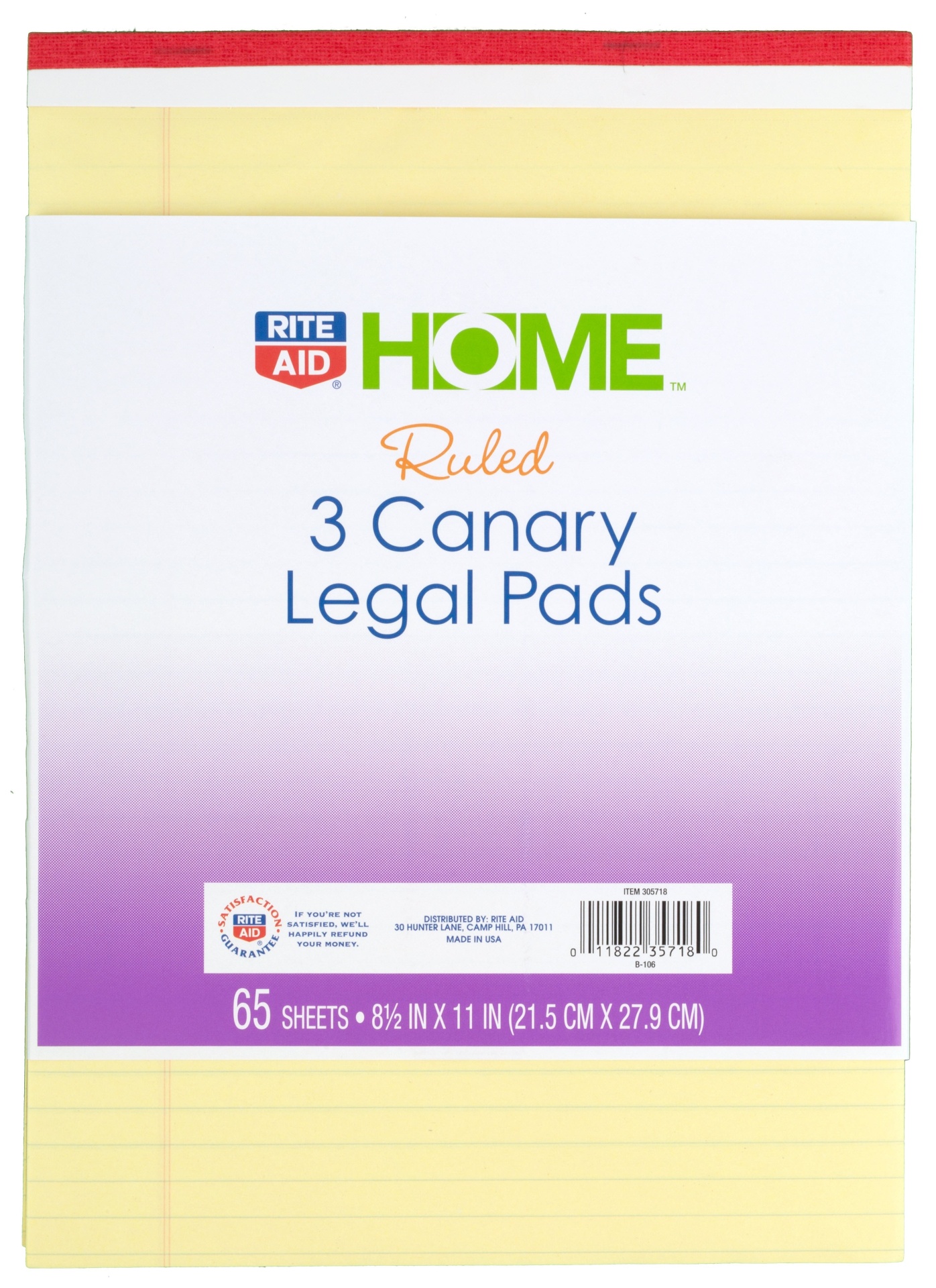 slide 1 of 1, Rite Aid Ruled Canary Legal Pads, 3 ct; 8.5 in x 11 in