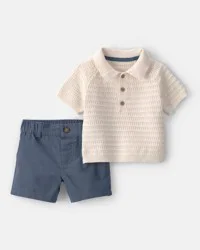 Carters Baby Boy 2-Piece Collared Shirt & Short Set - Cream/Blue Cream/Blue 9M