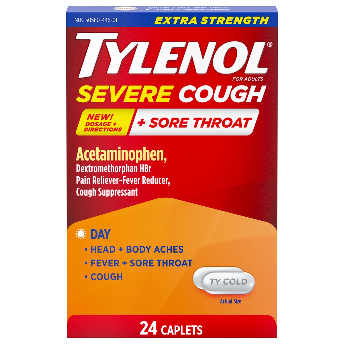 slide 1 of 9, Tylenol Extra Strength Cough Sore Throat Day, 24 ct