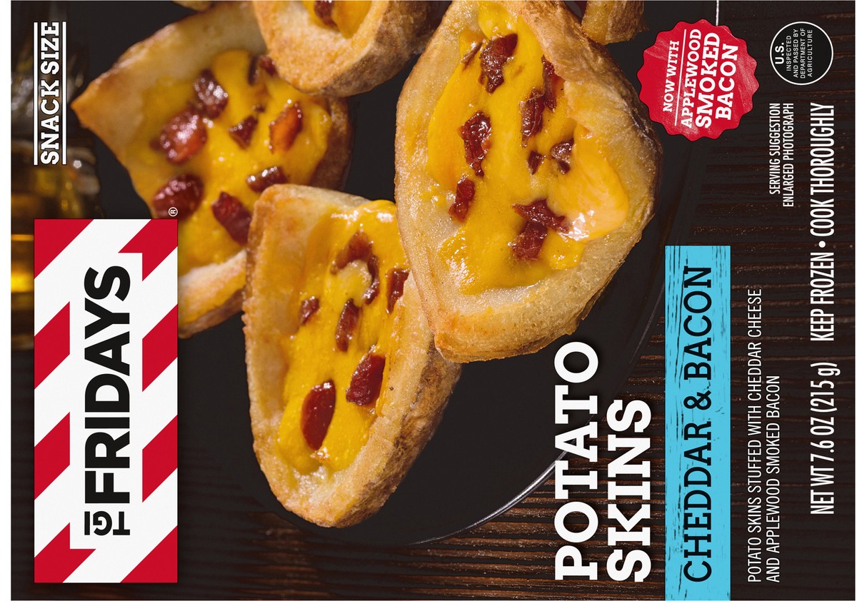 slide 2 of 9, T.G.I. Fridays TGI Fridays Cheddar & Bacon Potato Skins Frozen Snacks, 7.6 oz Box, 7.6 oz