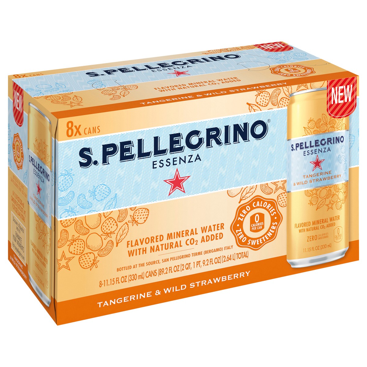 slide 2 of 7, S.Pellegrino Essenza Tangerine & Wild Strawberry Flavored Mineral Water with CO2 Added, 8 Pack of 11.15 Fl Oz Cans, 89.2 oz
