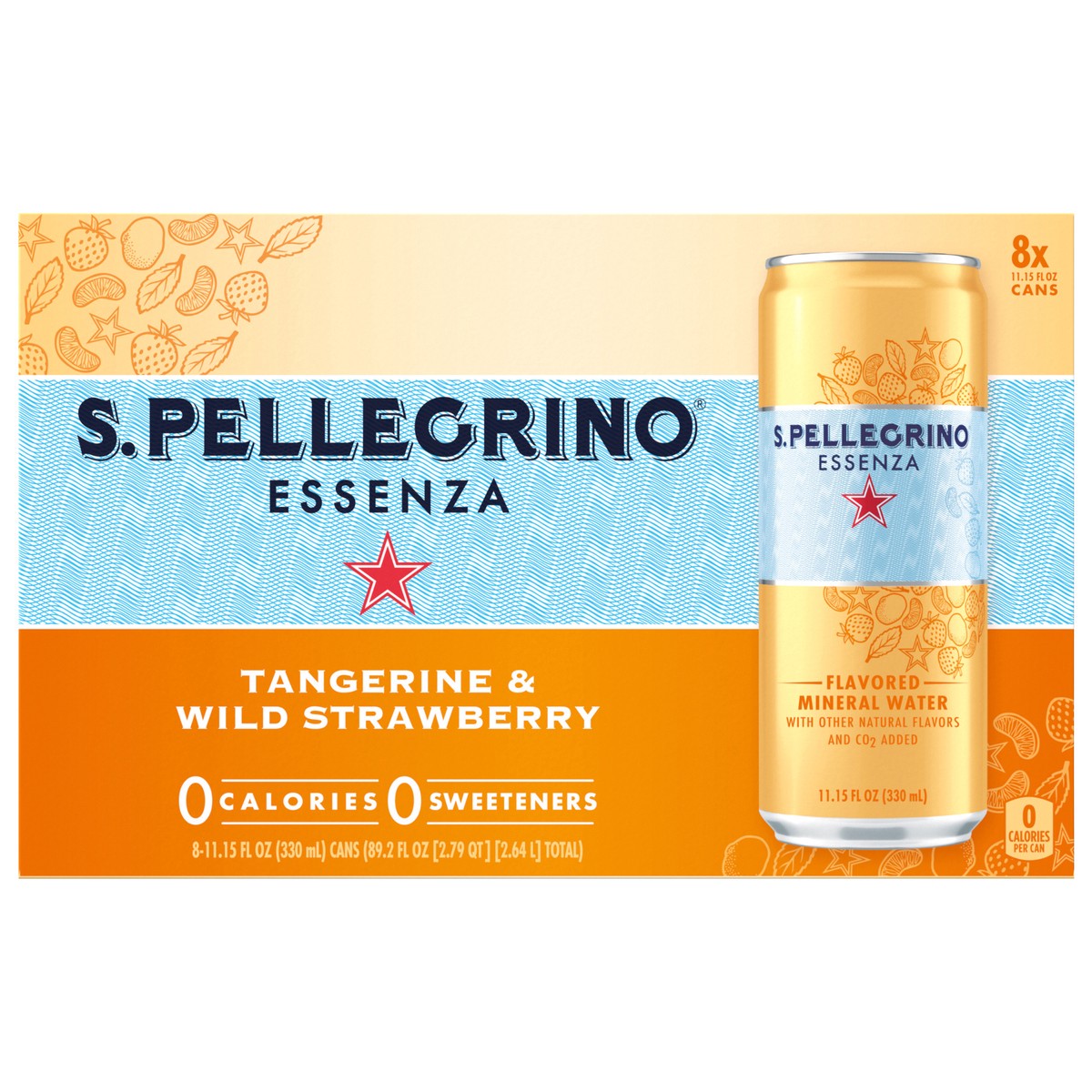 slide 1 of 7, S.Pellegrino S. PELLEGRINO Essenza Tangerine & Wild Strawberry Flavored Mineral Water with Natural CO2 Added, 8 Pack of 11.15 Fl Oz Cans 89.2 fl oz., 8 ct
