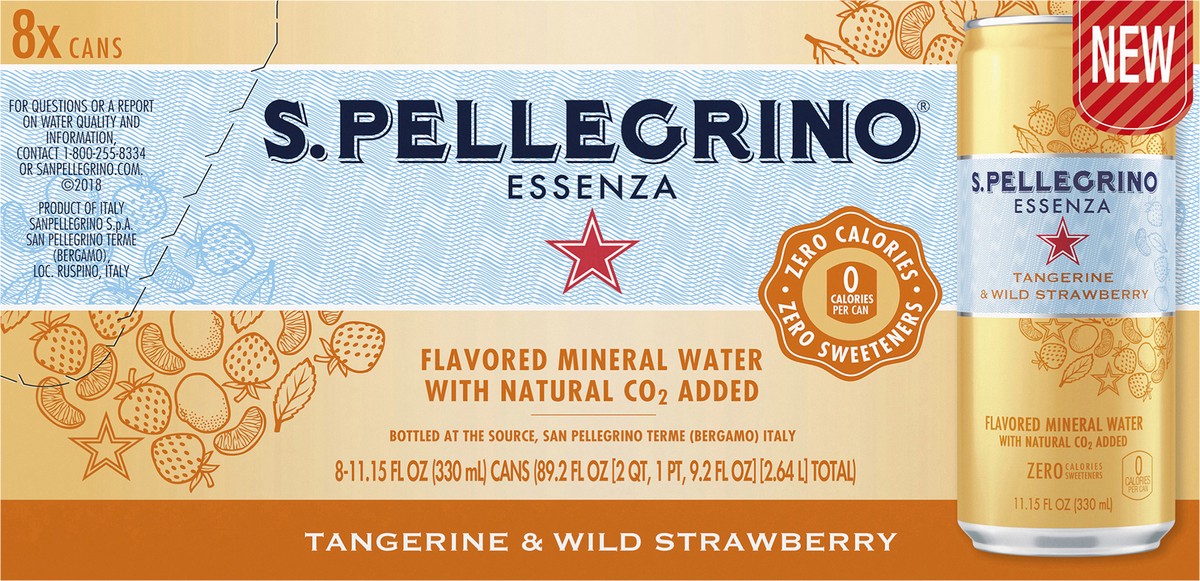 slide 3 of 7, S.Pellegrino Essenza Tangerine & Wild Strawberry Flavored Mineral Water with CO2 Added, 8 Pack of 11.15 Fl Oz Cans, 89.2 oz