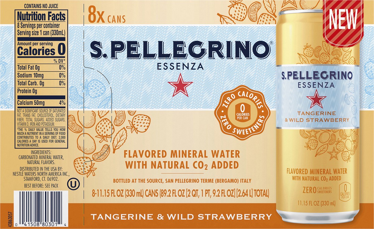 slide 4 of 7, S.Pellegrino Essenza Tangerine & Wild Strawberry Flavored Mineral Water with CO2 Added, 8 Pack of 11.15 Fl Oz Cans, 89.2 oz