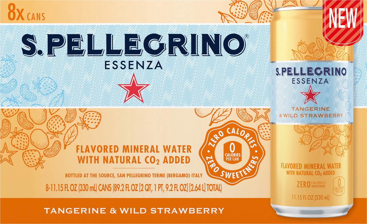 slide 5 of 7, S.Pellegrino Essenza Tangerine & Wild Strawberry Flavored Mineral Water with CO2 Added, 8 Pack of 11.15 Fl Oz Cans, 89.2 oz
