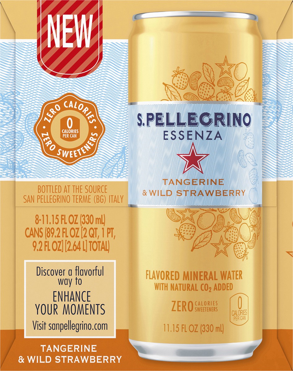 slide 6 of 7, S.Pellegrino Essenza Tangerine & Wild Strawberry Flavored Mineral Water with CO2 Added, 8 Pack of 11.15 Fl Oz Cans, 89.2 oz