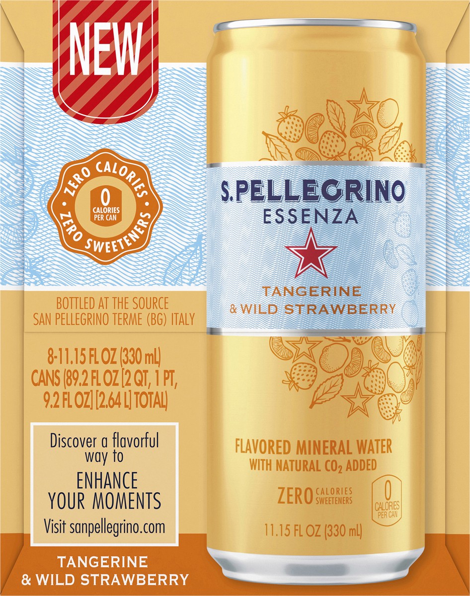 slide 7 of 7, S.Pellegrino Essenza Tangerine & Wild Strawberry Flavored Mineral Water with CO2 Added, 8 Pack of 11.15 Fl Oz Cans, 89.2 oz