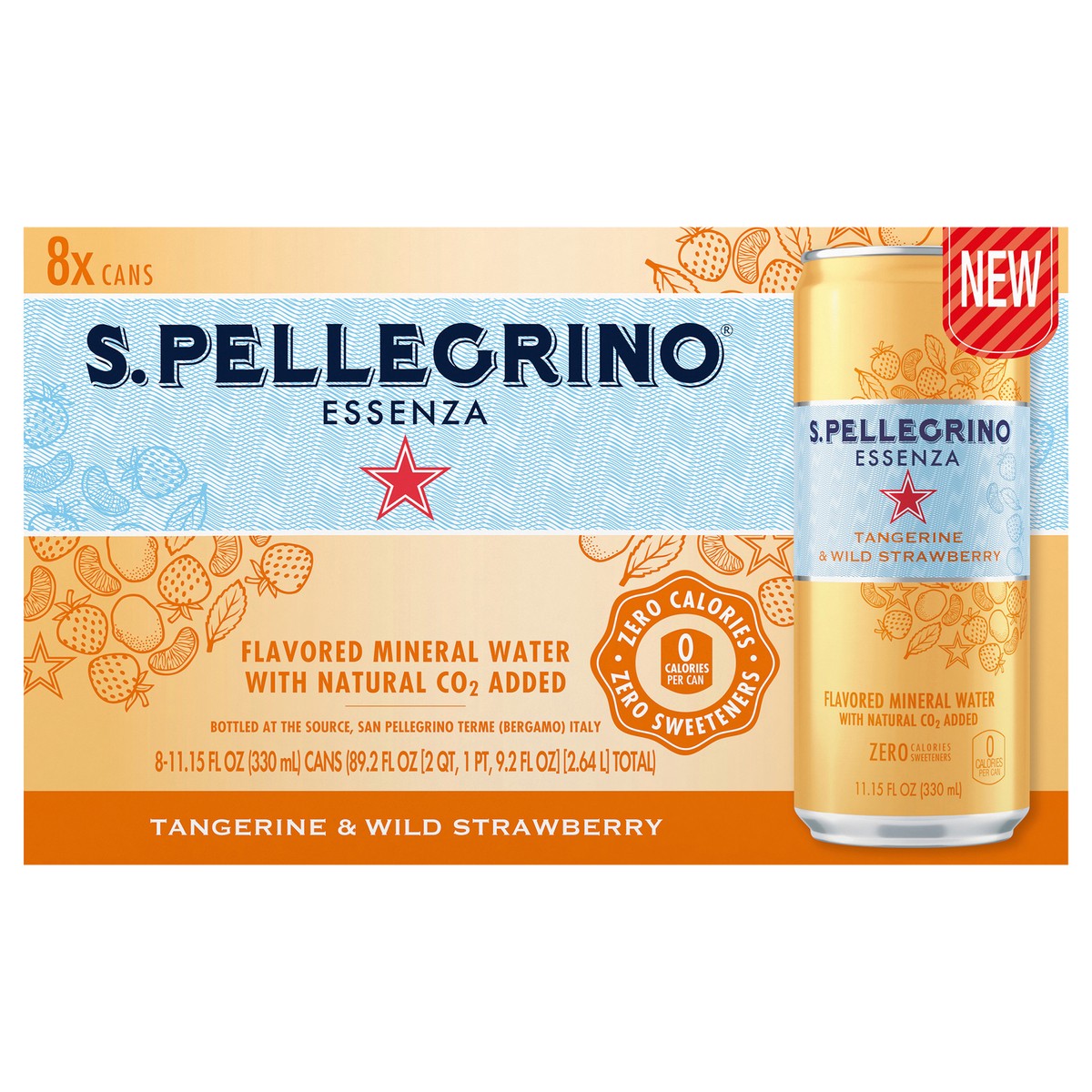slide 1 of 7, S.Pellegrino Essenza Tangerine & Wild Strawberry Flavored Mineral Water with CO2 Added, 8 Pack of 11.15 Fl Oz Cans, 89.2 oz