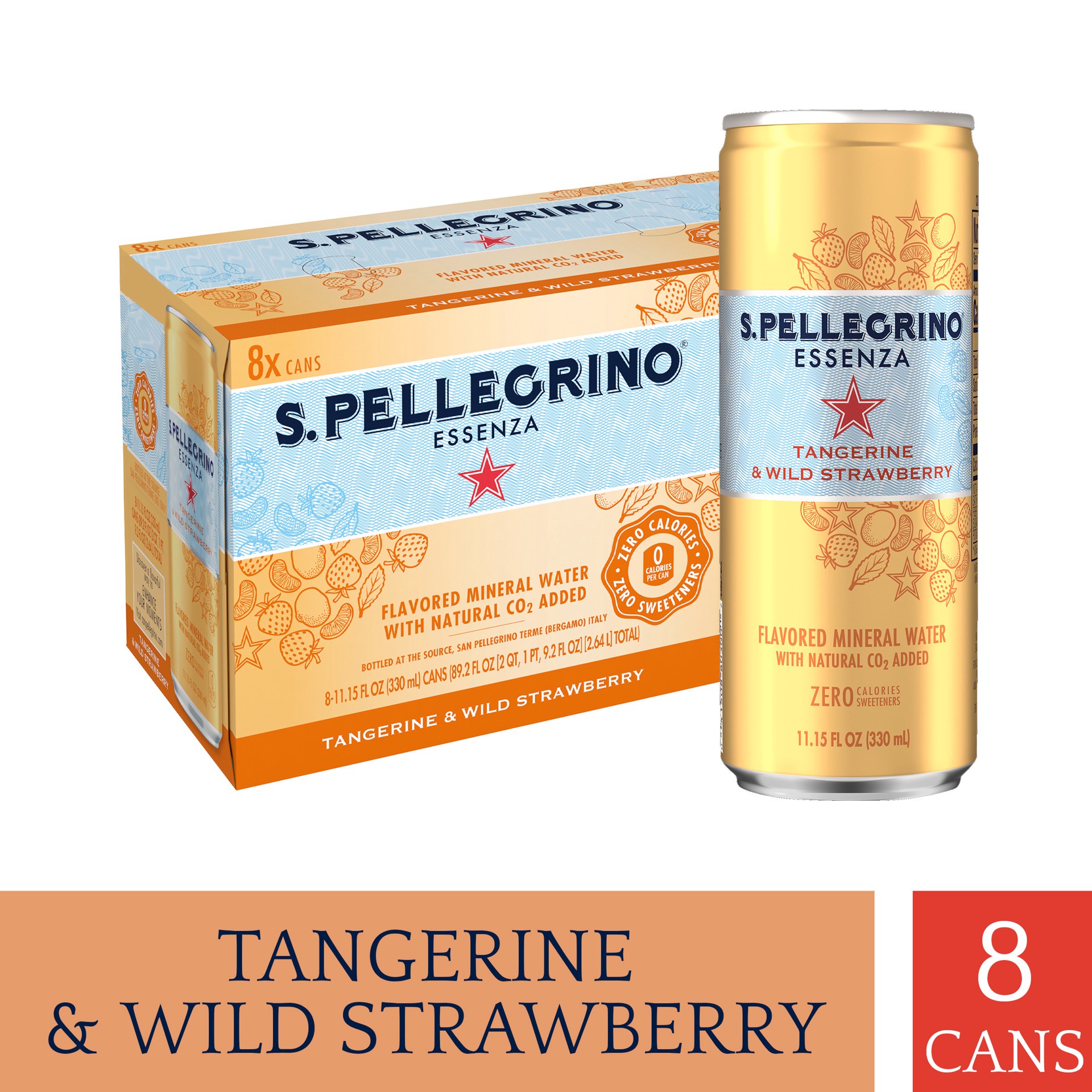 slide 1 of 7, S.Pellegrino Essenza Tangerine & Wild Strawberry Flavored Mineral Water with CO2 Added, 8 Pack of 11.15 Fl Oz Cans - 89.2 oz, 89.2 oz