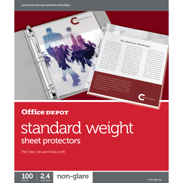 slide 1 of 1, Office Depot Brand Top-Loading Sheet Protectors, Standard Weight, Non-Glare, Box Of 100, 100 ct