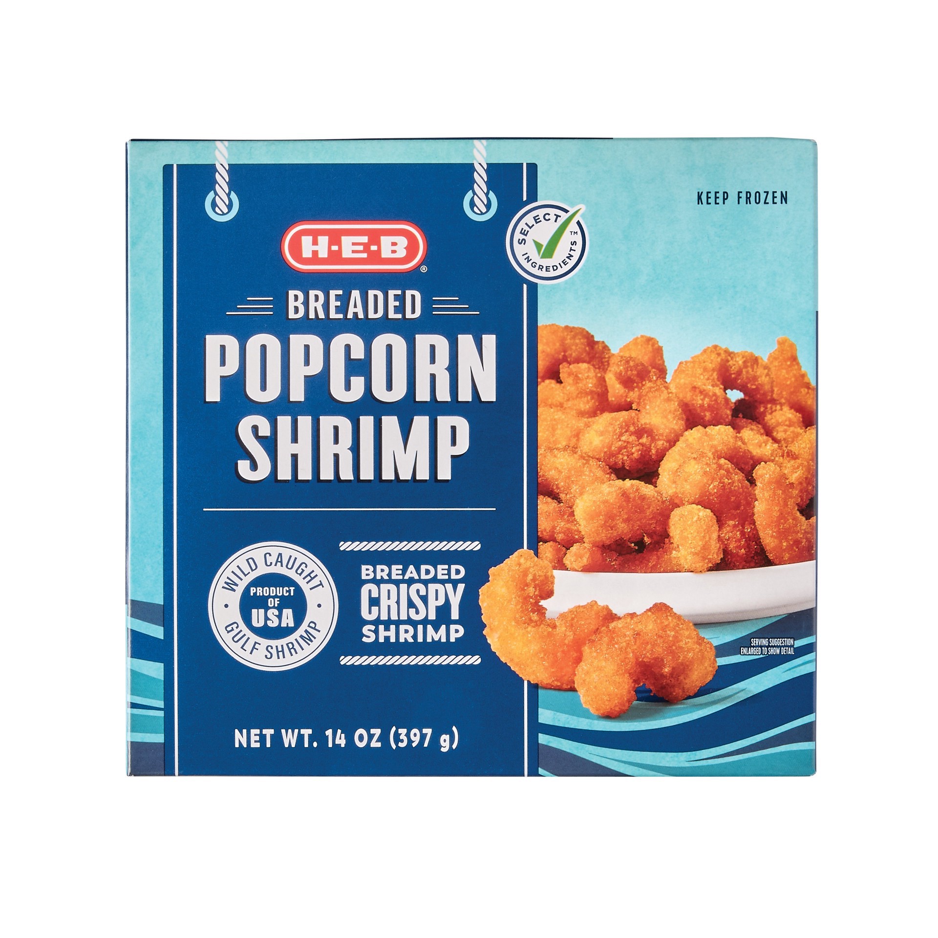 slide 1 of 1, H-E-B Frozen Wild Popcorn Shrimp, 14 oz