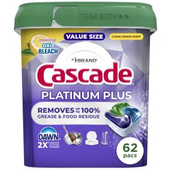 Cascade Platinum Plus Action Pacs, Dishwasher Detergent, Lemon, 62ct