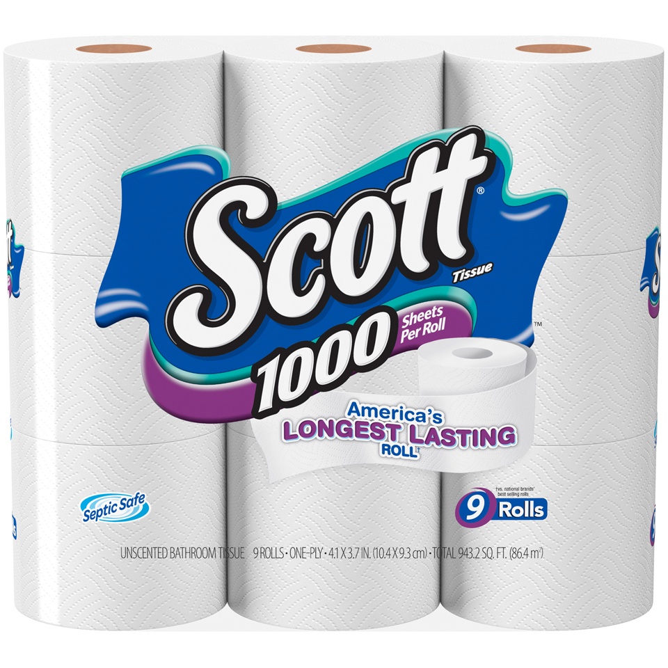 slide 1 of 1, Scott Per Roll Toilet Paper, Bath Tissue, 9 ct