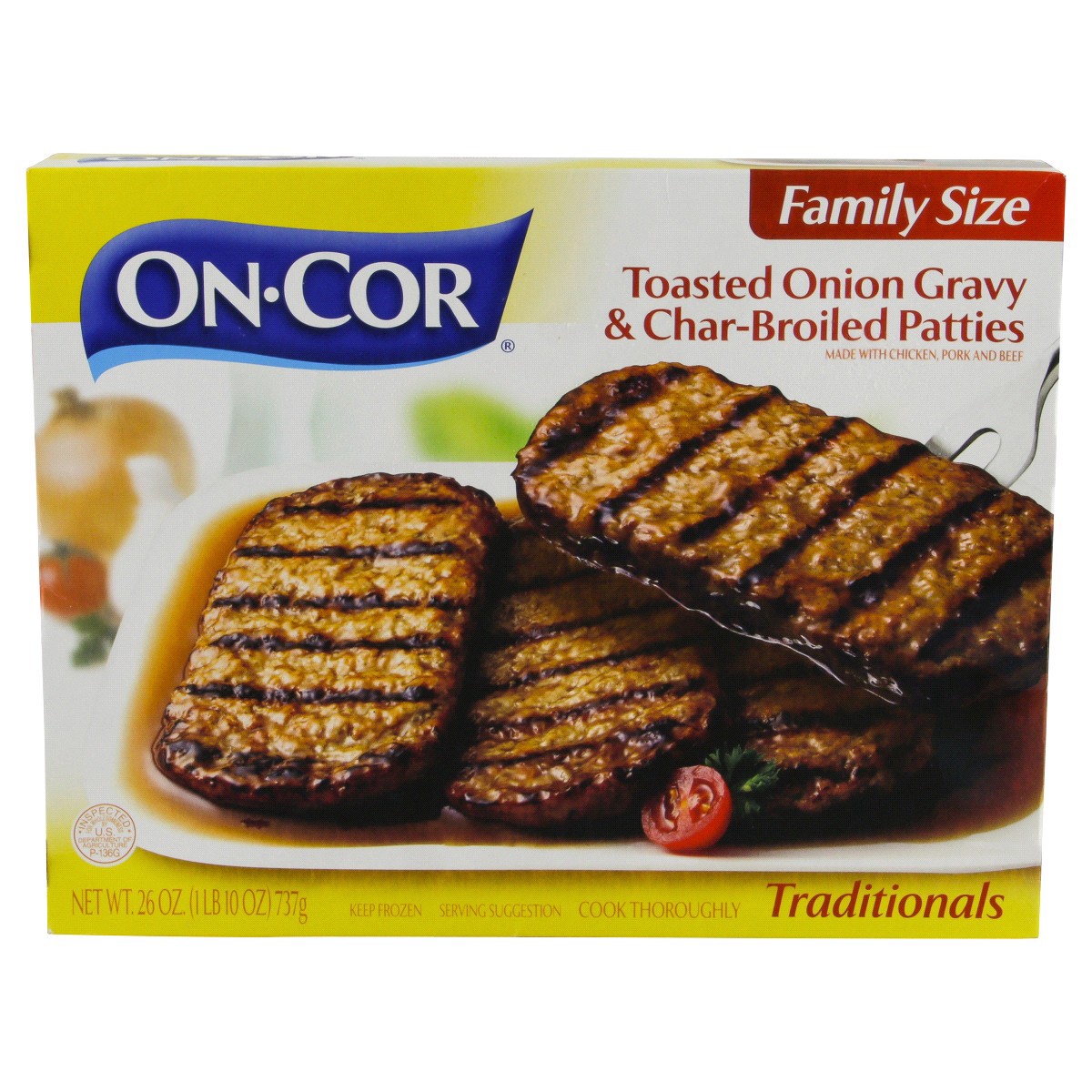 slide 1 of 21, On-Cor Traditionals Char-Broiled Patties & Toasted Onion Gravy, 26 oz