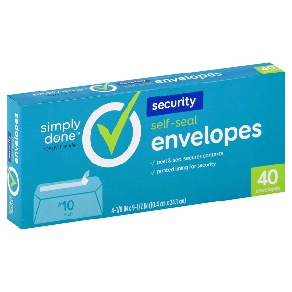 slide 1 of 1, Simply Done Envelopes, Security, Self-Seal, No. 10 Size, 40 ct