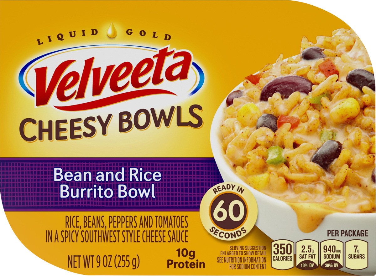 slide 6 of 8, Velveeta Cheesy Bowls Bean & Rice Burrito Bowl, 9 oz Box, 255 g