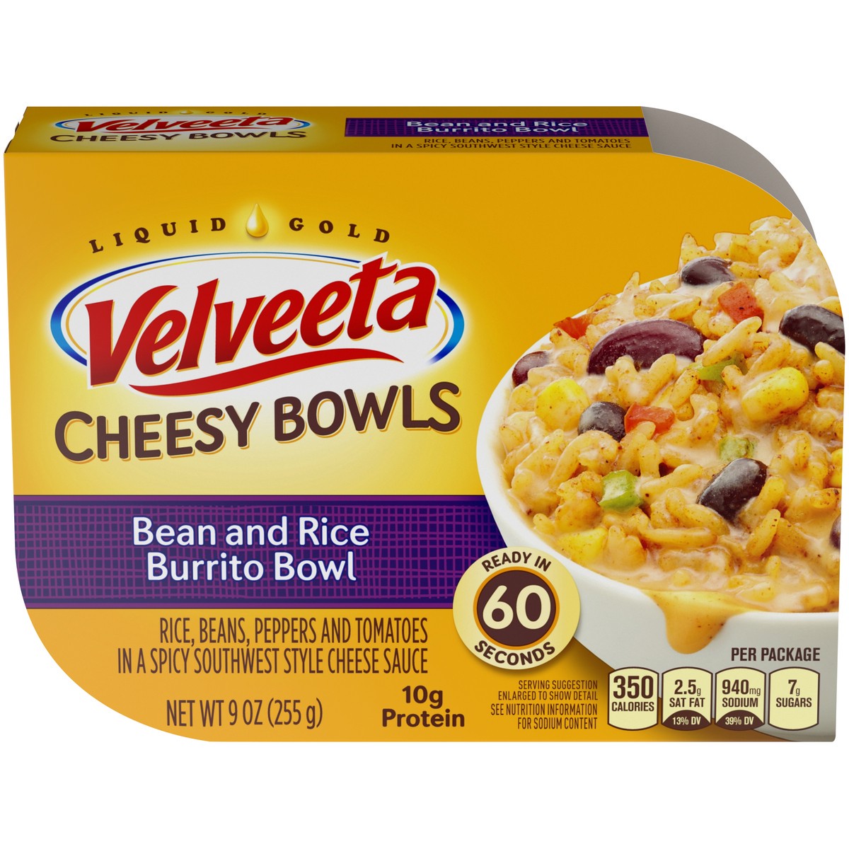 slide 1 of 8, Velveeta Cheesy Bowls Bean & Rice Burrito Bowl, 9 oz Box, 255 g