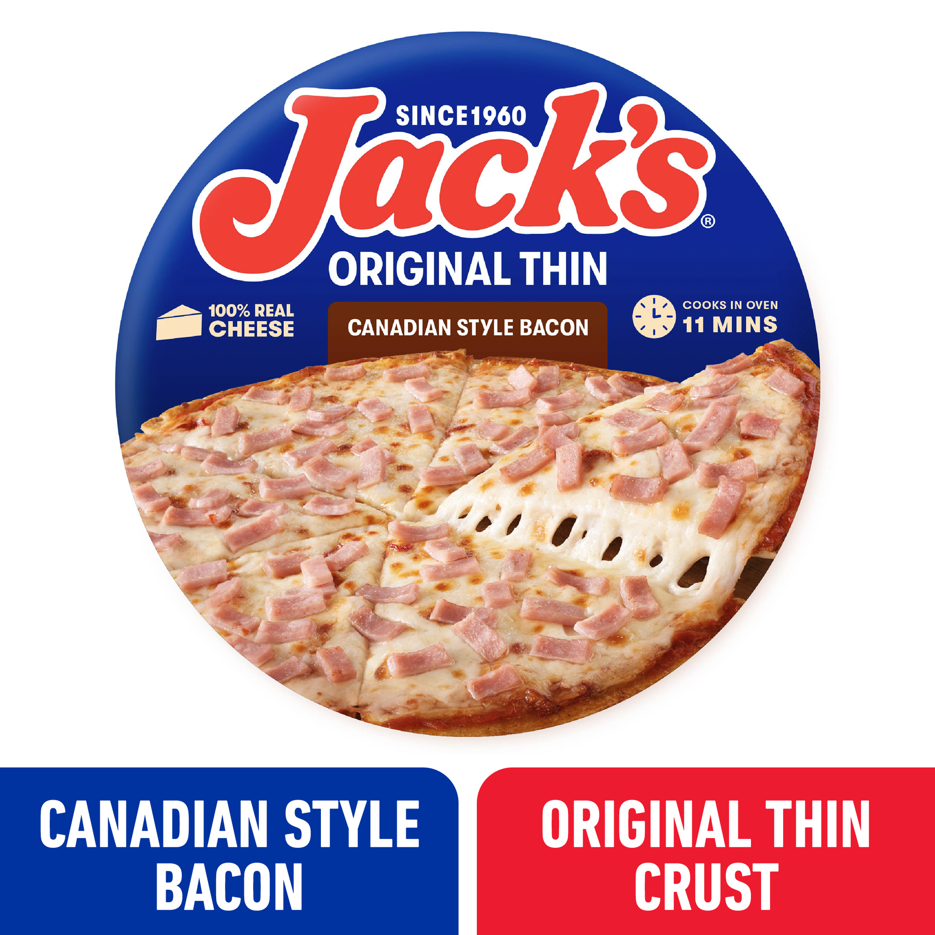 slide 1 of 12, Jack's Jack''s Thin Crust Canadian Bacon Pizza, Frozen Pizza Thin Crust Pizza, 12in, 14.9oz (Frozen), 14.9 oz