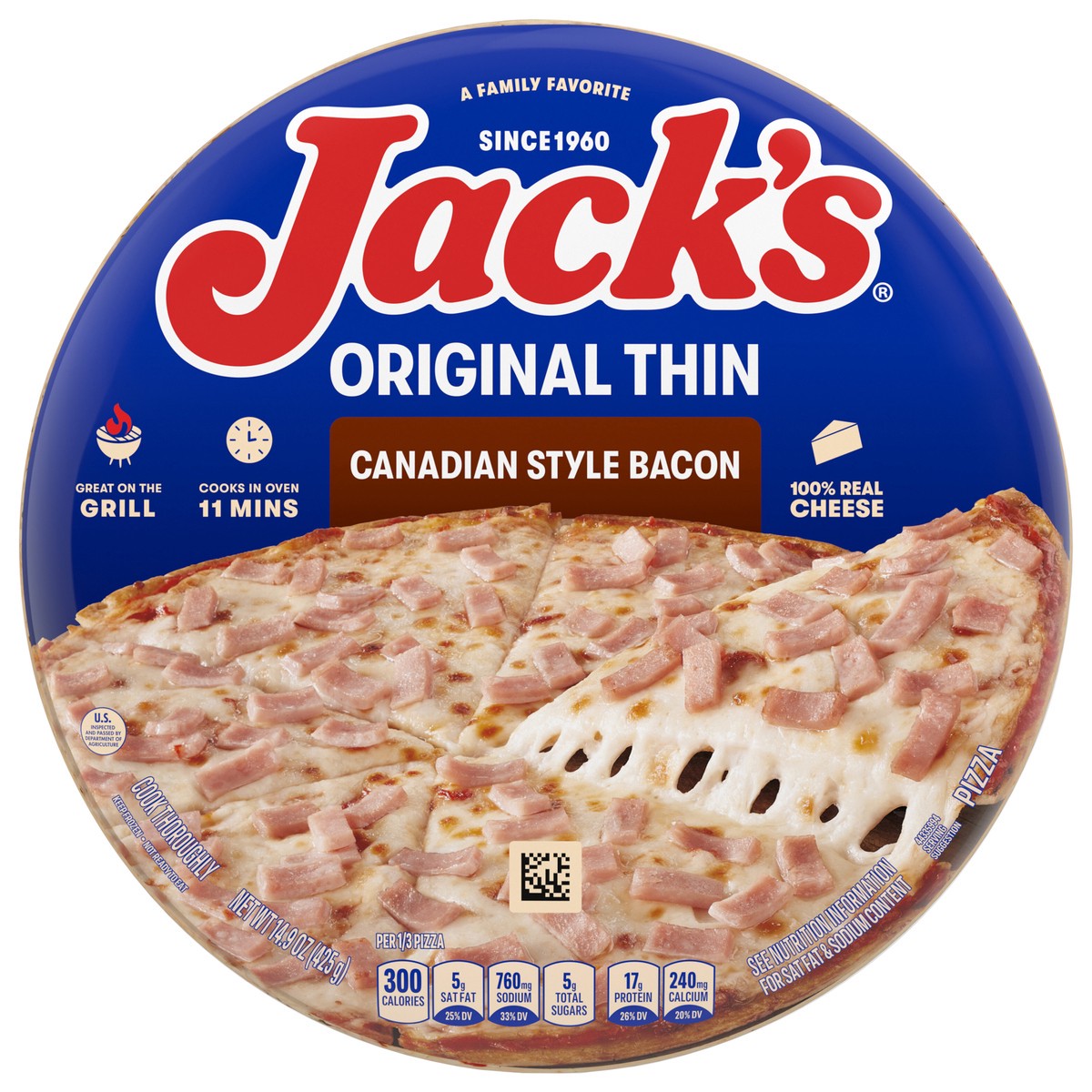 slide 1 of 12, Jack's Jack’s Thin Crust Canadian Bacon Pizza, Frozen Pizza Thin Crust Pizza, 12in, 14.9oz (Frozen), 14.9 oz