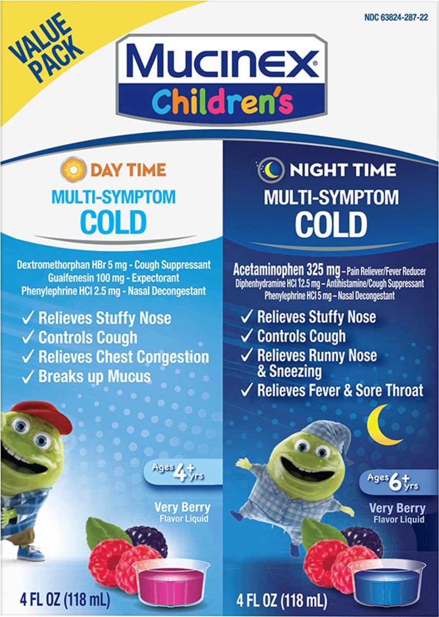 slide 2 of 2, Mucinex Children's Cold Medicine Multi-Symptom Daytime & Nighttime Cold Relief Liquid, 2 x 4 FL OZ (Packaging May Vary), 8 oz