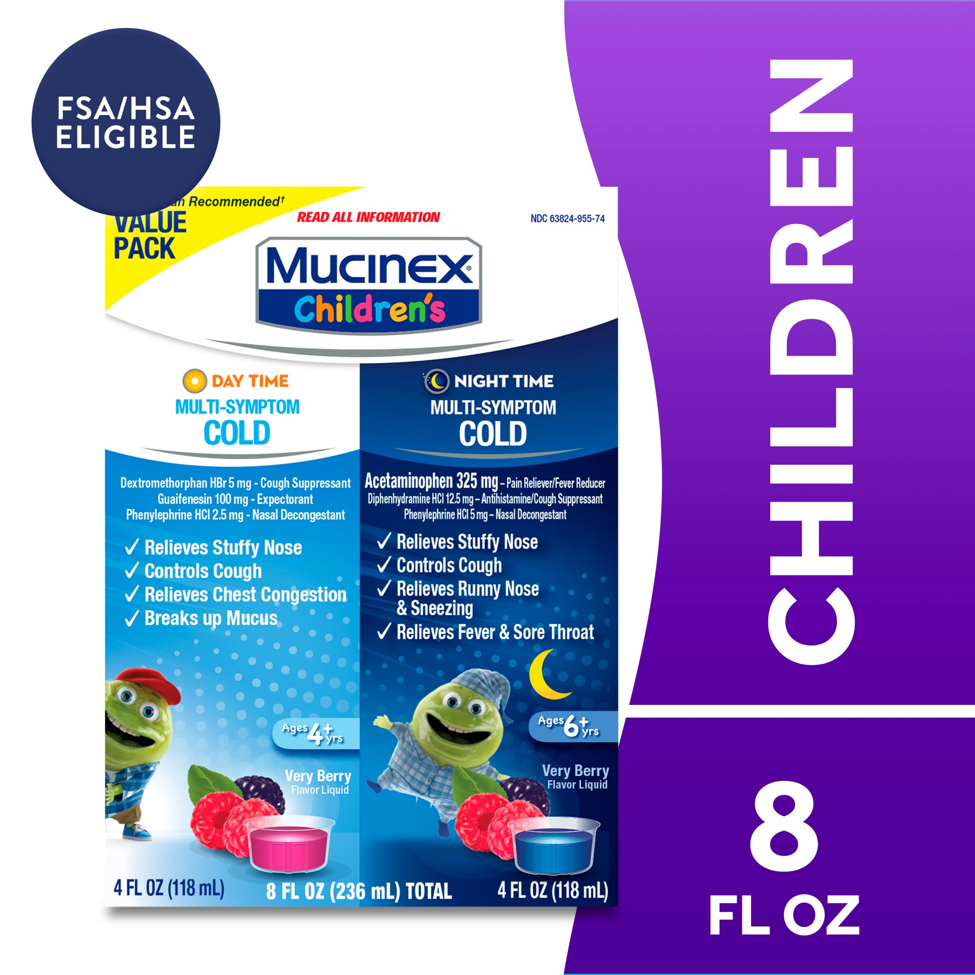 slide 1 of 2, Mucinex Children's Cold Medicine Multi-Symptom Daytime & Nighttime Cold Relief Liquid, 2 x 4 FL OZ (Packaging May Vary), 8 oz